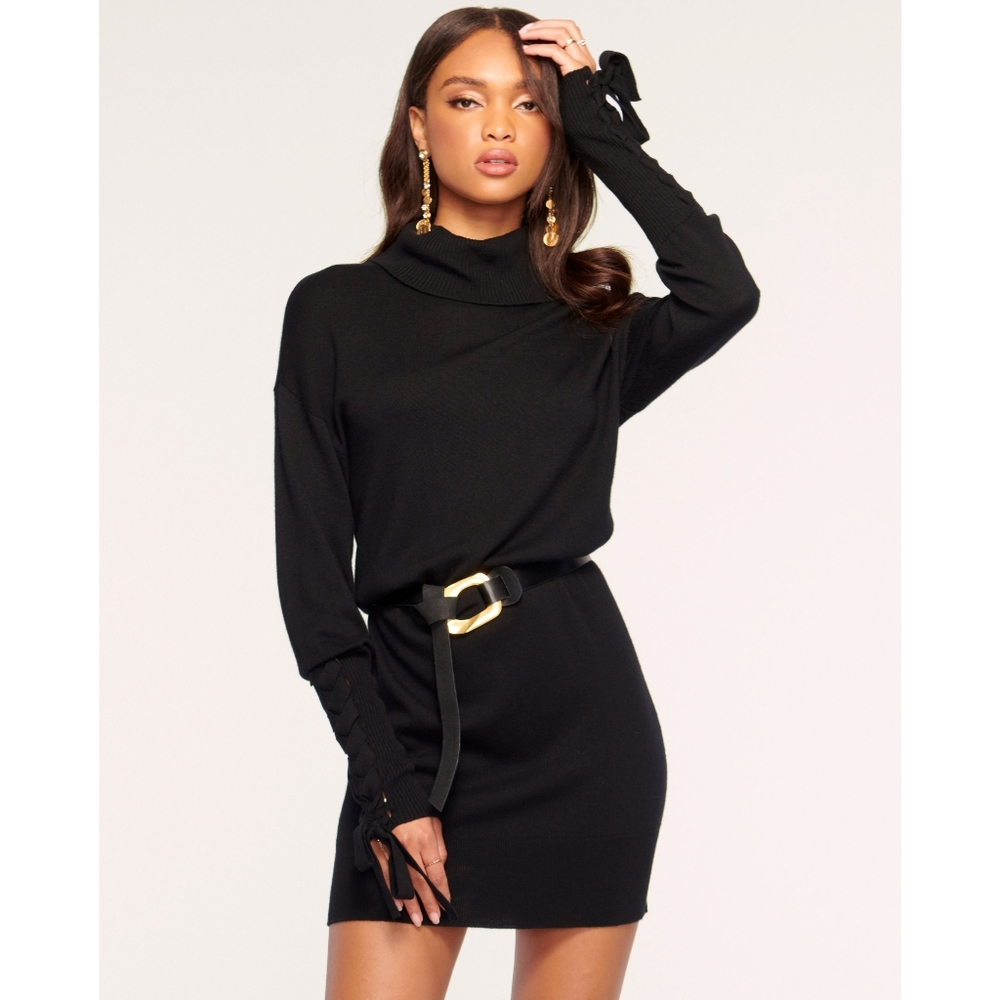 Ramy Brook Walt Turtleneck Dress Black Cashmere with Lace-up Sleeves Small